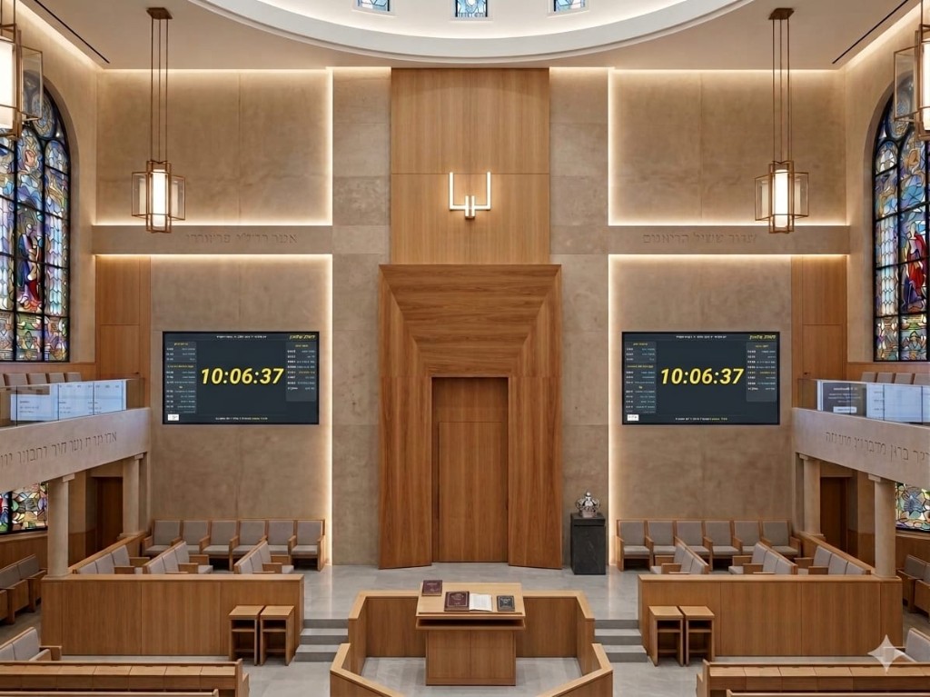 בית כנסת מודרני — שני לוחות עין ראתה בצידי ארון הקודש